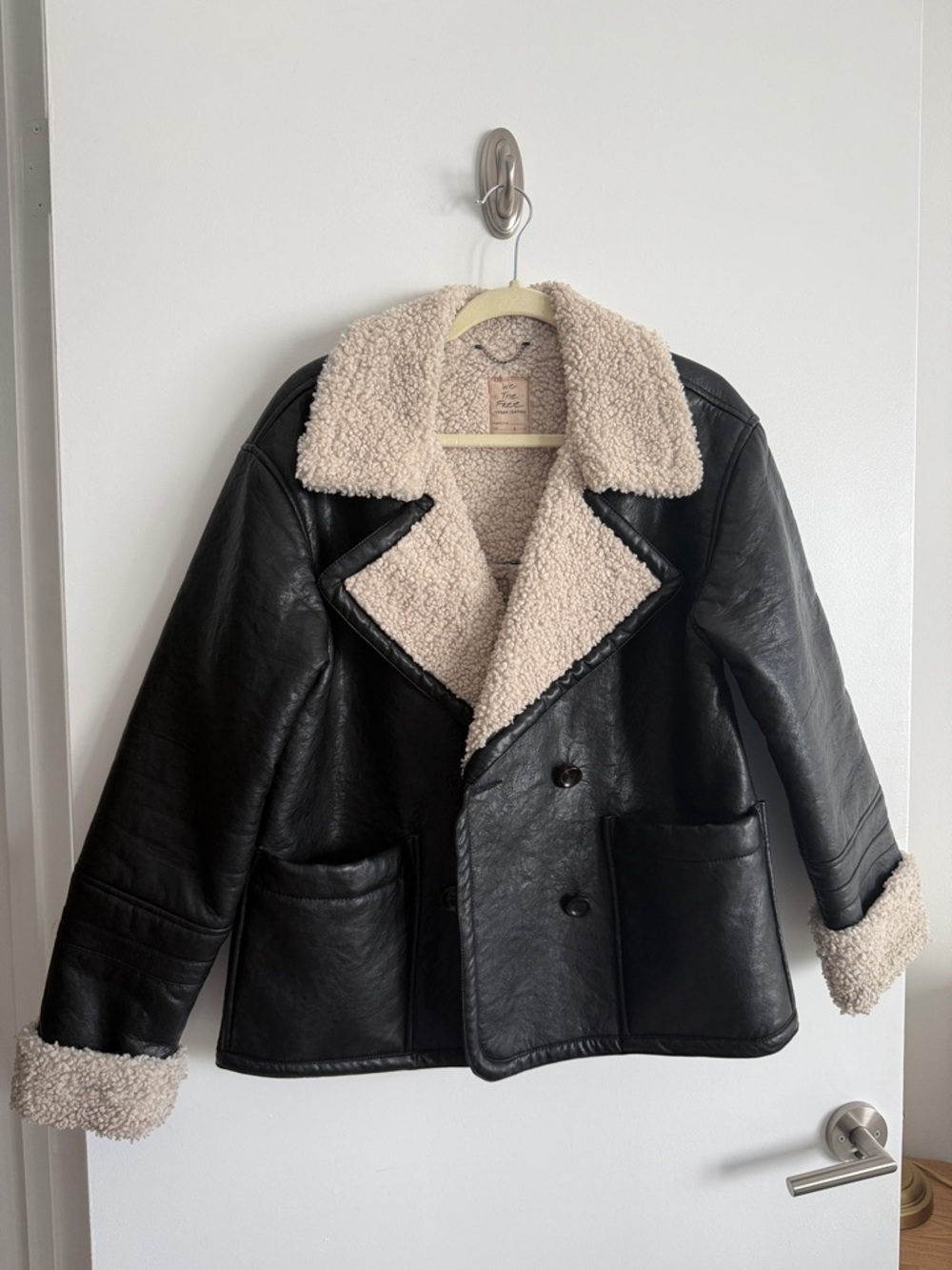 Free People Black Faux Leather Sherpa Jacket We The Free Vegan Leather Coat